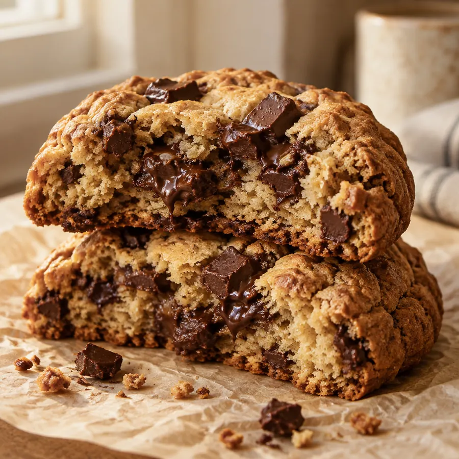Thick NYC-style chocolate chunk cookie with melted chocolate