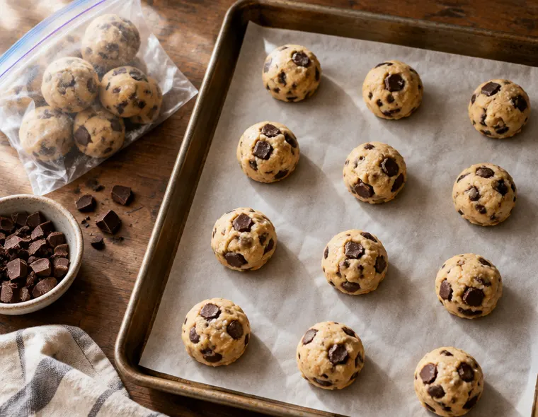 Portioned cookie dough balls ready for freezing