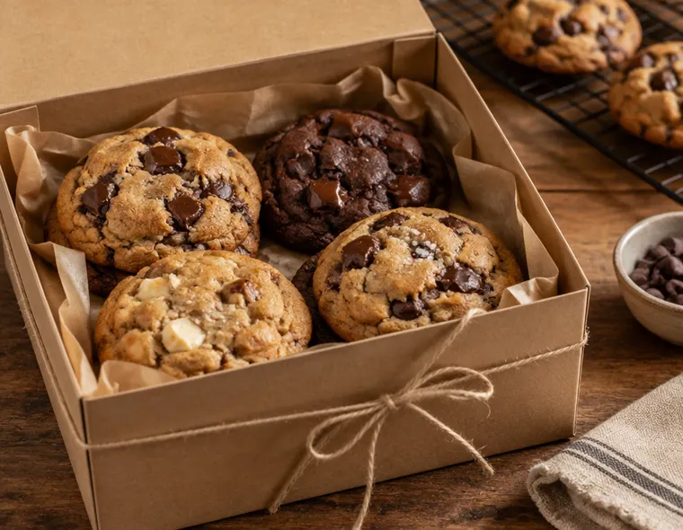 Cookies packed in a kraft bakery box tied with twine